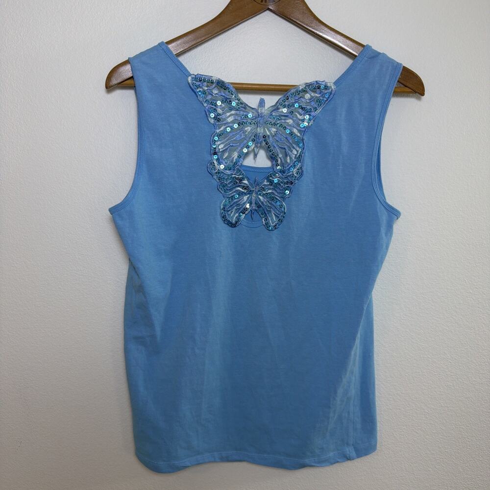 Vtg Y2K Tank Top Camisole Fairy Black w/Butterfly Sequins Blue Cotton No Tags L